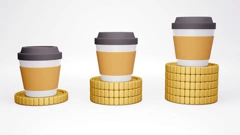 3D Rendering concept of inflation: cup of coffee on stacked golden coins in.. Illustrazione stock