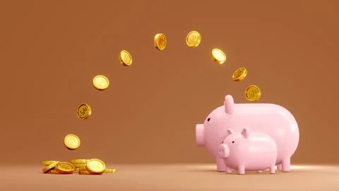 3D Rendering concept of investment. Big and small piggy banks with coins on.. Stock Illustration