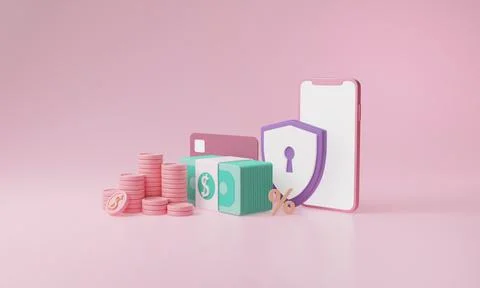 3D Rendering concept of investment. Security mobile phone with coins, credit Stock Illustration