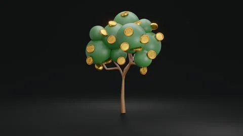 3D Rendering concept of investment. Tree with coins falling down on black b.. Stock Illustration