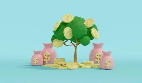 3D Rendering concept of investment. Trees with coins falling down from with.. Stock Illustration