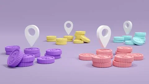 3D Rendering concept of money and currency. White location symbols and stac.. Stock Illustration