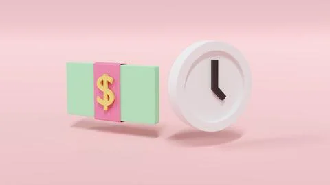 3D Rendering concept of money and time: a pack of dollar bill and a clock i.. 스톡 일러스트