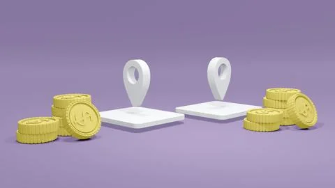 3D Rendering concept of money and vacation. Location symbols and stack of c.. Stock Illustration