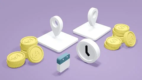 3D Rendering concept of money and vacation. Location symbols, coins, a cloc.. Stock Illustration