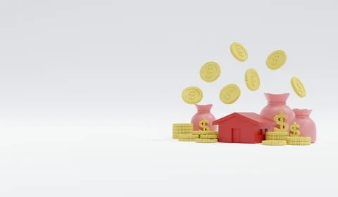 3D Rendering concept of money, loan, mortgage, financial. Pastel coins and .. Stock Illustration