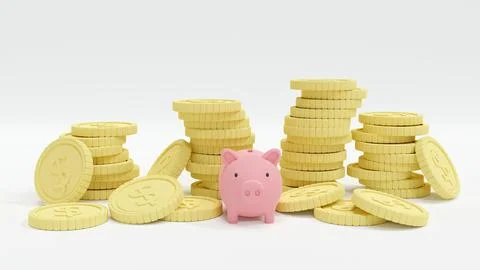 3D Rendering concept of Money saving: stack of coins and a piggy bank on wh.. Stock Illustration
