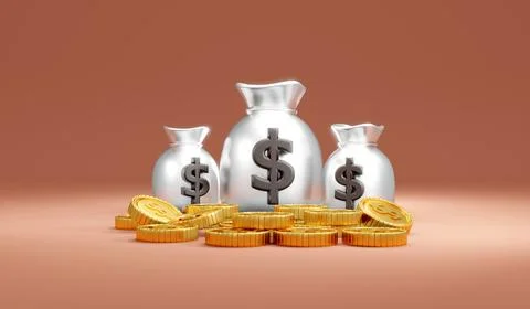 3D Rendering concept of money, treasury. Silver money bags with dollar sign.. Stock Illustration