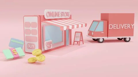 3D Rendering concept of online shopping: a phone with an online store and m.. Stock Illustration