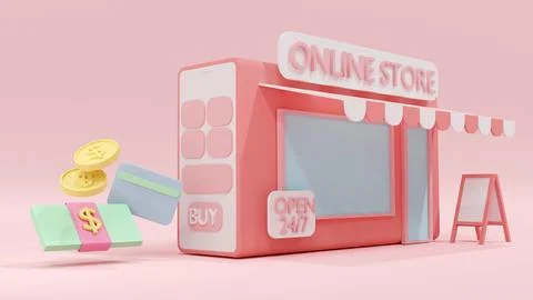 3D Rendering concept of online shopping: a smartphone with online store, do.. Stock Illustration