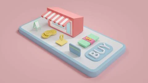 3D Rendering concept of online shopping: an online store, a pack of dollar .. Illustrazione stock