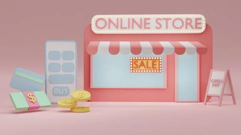 3D Rendering concept of online shopping: front view of online store with "S.. Illustrazione stock