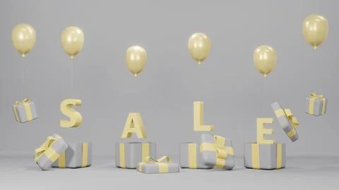 3D Rendering concept of online shopping: gift boxes, balloons and text "SAL.. Stock Illustration