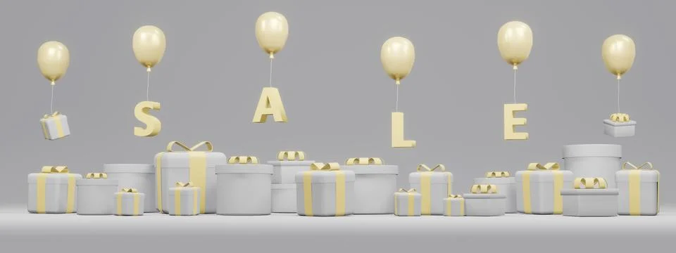 3D Rendering concept of online shopping: gift boxes, balloons and text "SAL.. Stock Illustration