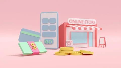 3D Rendering concept of online shopping: online store, a smartphone, a pack.. Illustrazione stock