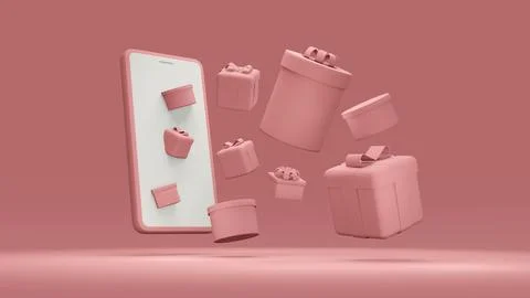 3D Rendering concept of online shopping: smartphone with gift boxes flying .. Illustrazione stock