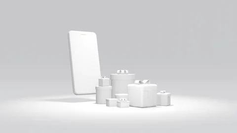 3D Rendering concept of online shopping: smartphone with gift boxes in whit.. Illustrazione stock