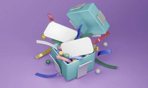 3D rendering concept of open gift box to show geometric elements and blank .. Illustration