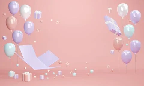 3D rendering concept of pastel gift open with balloon and copy space Illustrazione stock