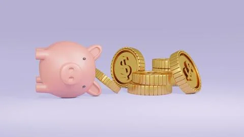 3D Rendering concept of a piggy bank failing on ground and a golden coin co.. Stock Illustration