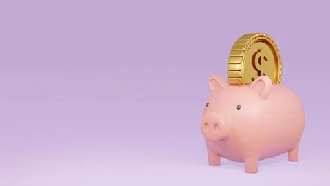 3D Rendering concept of a piggy bank with a big golden coin on purple backg.. Stock Illustration