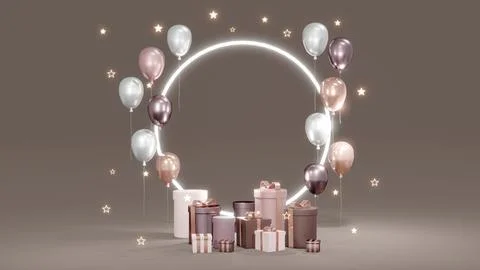 3D Rendering concept of podium with present boxes, balloons, a shiny ring a.. Illustrazione stock