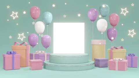 3D Rendering concept of podium with present boxes, balloons, a shiny ring a.. Stock Illustration