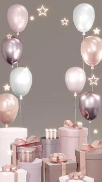 3D Rendering concept of podium with present boxes, balloons and shiny stars.. Illustrazione stock