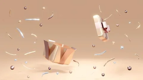3D rendering concept of a present box opens up with geometric confetti elem.. Stock Illustration