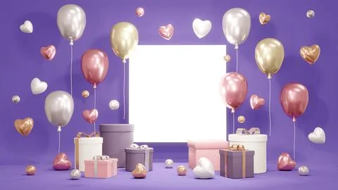 3D Rendering concept of present boxes, balloons, hearts, confetti and a bla.. Illustrazione stock