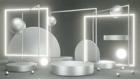 3D rendering concept of product display podiums with glowing and opaque geo.. 库存插图