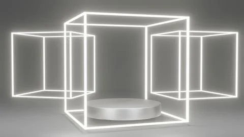 3D rendering concept of product display podiums with glowing and opaque geo.. 库存插图