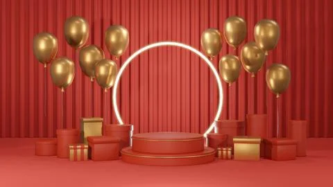 3D rendering concept of red gold podium. Bright red podium product stand di.. Stock Illustration