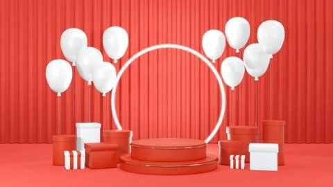 3D rendering concept of red white podium. Product stand. Red podium and gol.. Stock Illustration