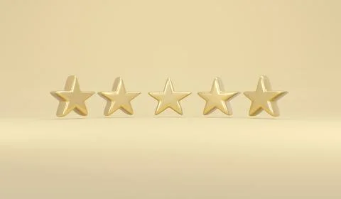 3D Rendering concept of review rating. Five stars in gold on golden backgro.. Stock Illustration