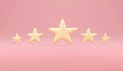 3D Rendering concept of review rating. Five stars in gold on pink backgroun.. Stock Illustration