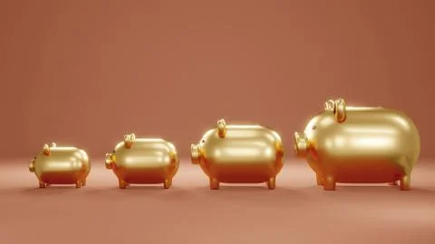 3D Rendering concept of saving golden piggy banks lining from small to big .. Stock Illustration