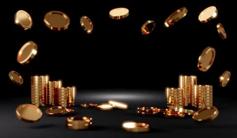 3D Rendering concept of scene of golden coins with space for text on black .. Stock Photos