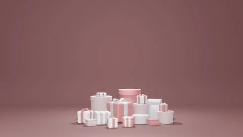 3D Rendering concept of set of wrapped present boxes in pink theme for comm.. Illustrazione stock