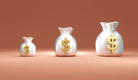 3D Rendering concept of silver money bags with dollar sign arrange small to.. Stock Illustration
