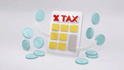 3d Rendering concept of tax: a calculator, coins and arrows on background. .. Stock Illustration