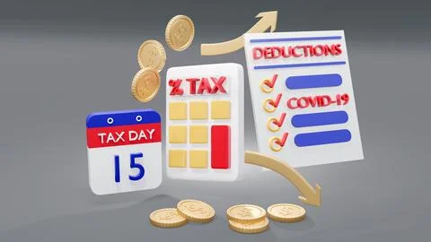 3d Rendering concept of tax: a calculator, coins, arrows, a list of deducti.. Stock Illustration