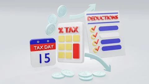 3d Rendering concept of tax: a calculator, coins, arrows, a list of deducti.. Stock Illustration
