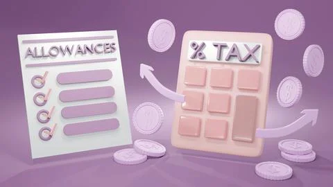 3d Rendering concept of tax: a calculator, coins, arrows and a list of dedu.. Stock Illustration