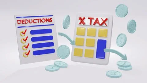 3d Rendering concept of tax: a calculator, coins, arrows and a list of dedu.. Stock Illustration