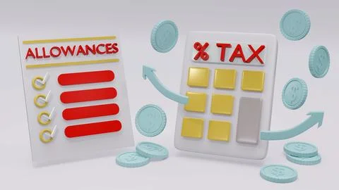 3d Rendering concept of tax: a calculator, coins, arrows and a list of dedu.. Stock Illustration