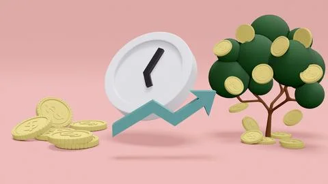 3D Rendering concept of time and investment: a money tree with coin and a c.. Illustrazione stock