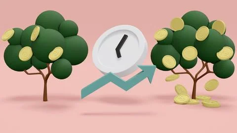 3D Rendering concept of time and investment: a money tree with coin and a c.. Illustrazione stock