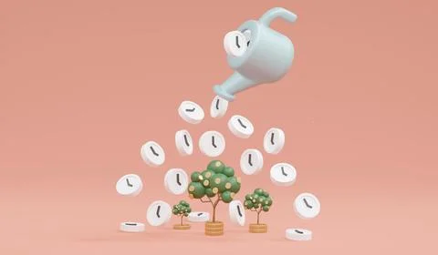 3D Rendering concept of time and money investment. A pot with a lot of mone.. Stock Illustration
