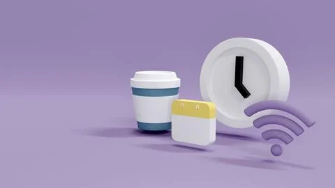3D Rendering concept of time and money management: a clock, a Wifi internet.. 스톡 일러스트